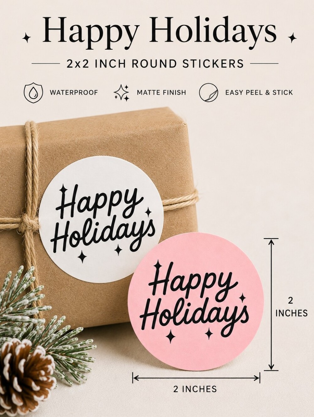 200 Happy Holidays Sticker Pack, 2in Round Pink, White Small Business Packaging - Picture 1 of 2